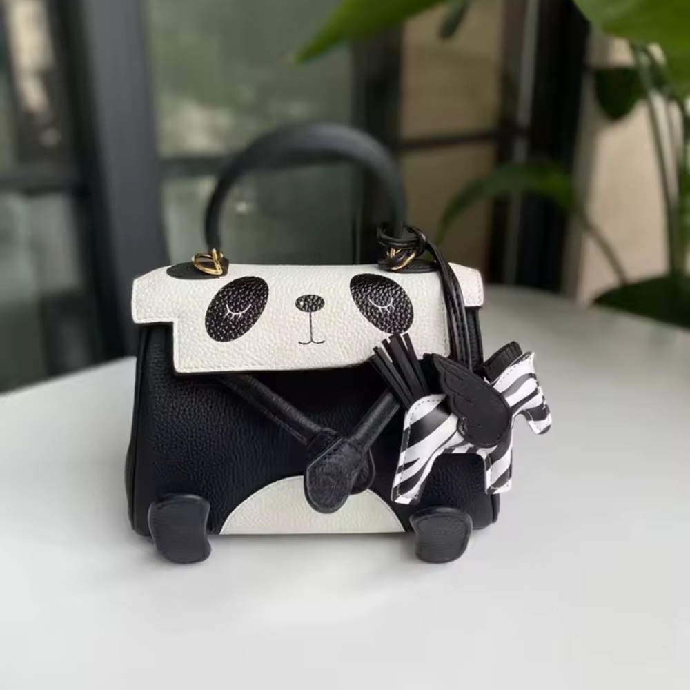 Black and White genuine leather mini Panda Design Handbag - Picture 4 of 14